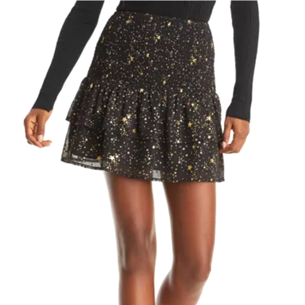 AQUA Black Gold Metallic Star Print Mini Skirt